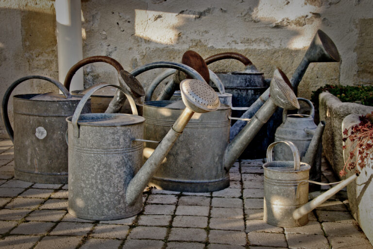 Collection of metal watering cans for indoor plant care